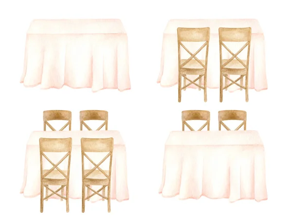 Conjunto de ilustración de mesas de banquete de acuarela. Mesas dibujadas a mano con tela cubierta de pastel y sillas de madera aisladas en blanco. Esbozo de diseño elegante. Recepción de bodas, cena de gala, restaurante interior. —  Fotos de Stock