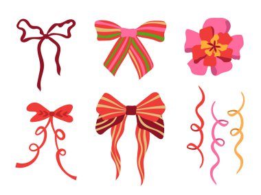 Şenlik kurdelesi vektör illüstrasyon seti. Renkli pembe, kırmızı, kestane rengi kurdeleler, kıvırcık hediye kurdeleleri ve beyaz arka planda izole edilmiş dekorasyonlar. Hediye paketleme ve kutlama için bayram süsleri.