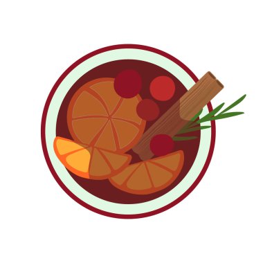 Sıcak şarap vektör illüstrasyonu. Portakal dilimleri, böğürtlen, tarçın çubuğu beyaz arka planda izole edilmiş sıcak kırmızı şarap alkollü içecek. Yılbaşı partisi için geleneksel sıcak kış içeceği