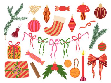 Noel süslemeleri vektörü ayarlandı. Hediyeler, kurdele yayları, kostüm ağacı dalları, çelenkler, beyaz arka planda izole edilmiş süsler. Kış tasarımı için düz, parlak, modern bir yelken.