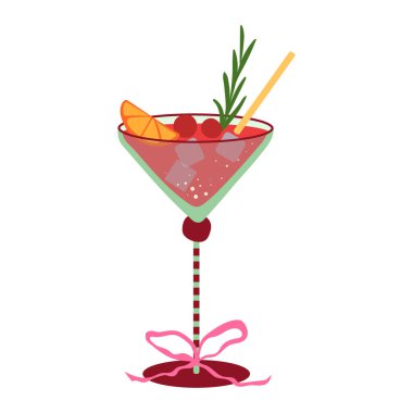 Kokteyl içeceği vektör çizimi. Süslü, buzlu, narenciye, beyaz arka planda izole edilmiş pipetli martini bardağında kırmızı alkollü bir içecek. Noel için parti içeceği, düğün, doğum günü
