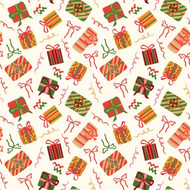 Hediye kutuları vektörsüz desen. Renkli paketlenmiş hediyeler, hafif krem arka planda şenlikli kurdeleler. Noel ve doğum günü kutlamaları için modern tatil tekrarı tasarımı