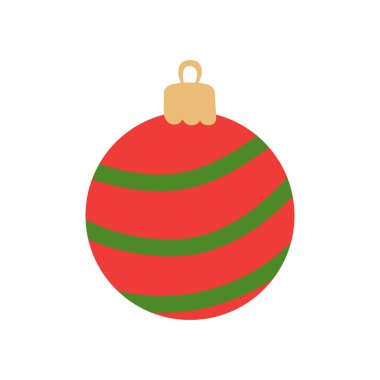 Noel süsü vektör illüstrasyonu. Xmas ağacı için parlak çizgili takı. Beyaz arka planda izole edilmiş yeşil çizgili kırmızı yuvarlak dekor. Neşeli kış dekoru için renkli basit tatil unsuru