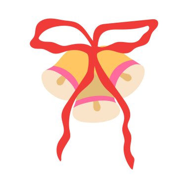 Noel çanları vektör illüstrasyonu. Kırmızı kurdeleli sarı ziller beyaz arka planda izole edilmiş. Noel kutlaması ve kış tasarımları için düz çizgi film tarzında bayram dekorasyonu.