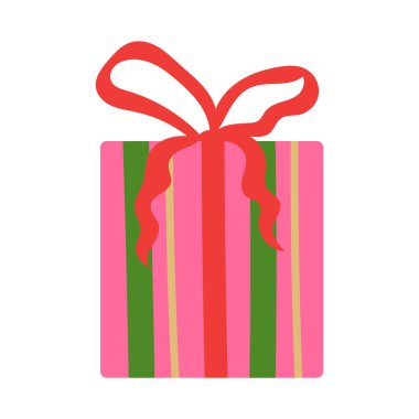 Şirin hediye kutusu çizimi. Beyaz arka planda izole edilmiş şeritli ve kurdeleli pembe bir fiyonk. Noel için şenlik tasarımı, doğum günü kutlaması, düz elle çizilmiş çocuklar partisi.