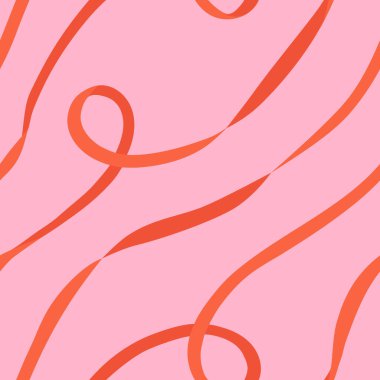 Kıvrımlı kurdele vektörsüz desen. Parlak pembe arka planda turuncu kıvrımlı çapraz çizgiler. Modern soyut dalga tekrarlı tasarım. Doğum günü partisi için şirin minimal fayans, düz stil tekstil
