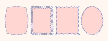 Zarif moda çerçeve vektör illüstrasyon seti. Açık mor dalgalı kenarlı pembe şekiller. Kart, ambalaj, davetiye, düz stil markalaşma için şirin pastel arka plan şablonları