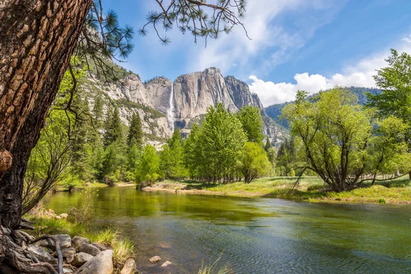 Yosemite Valley wih Merced river och Upper Yosemite faller — Stockfoto