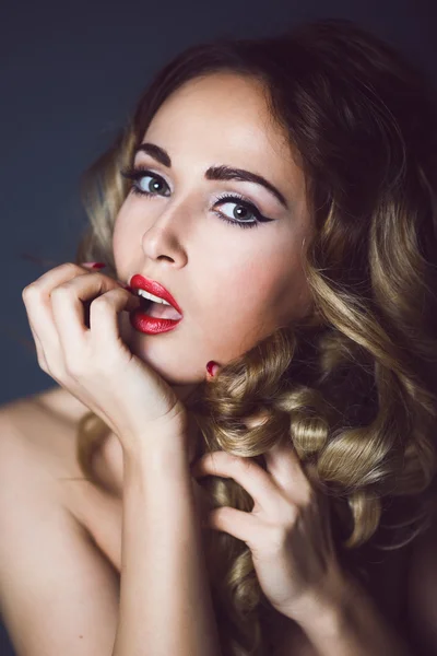 Portrait of a beautiful young sexy blonde with red lips open mouth  teeth, sensual, temptation, seduction — Stock Photo, Image