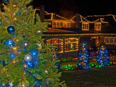 Victoria BC, Kanada - 5 Aralık 2019. Karla kaplı Butchart Bahçeleri 'nde Noel Aydınlanması