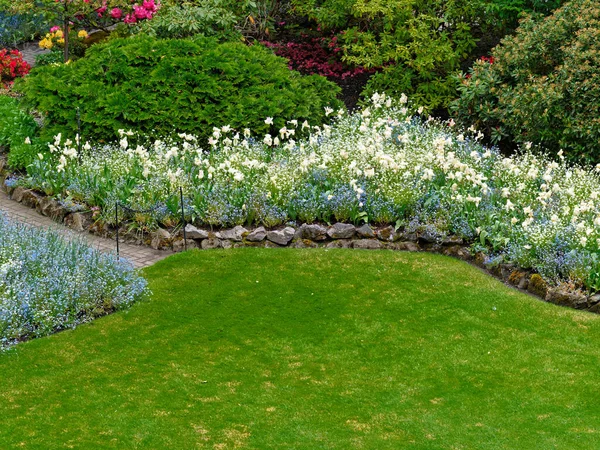 Jardín Primavera Con Pasarelas Macizos Flores Cubiertos Flores Flor — Foto de Stock