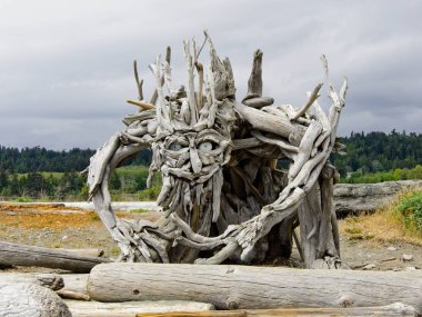 Victoria BC, Kanada - 12 Mayıs 2021. Esquimalt lagününün plajı boyunca sürüklenen ağaç heykelleri.