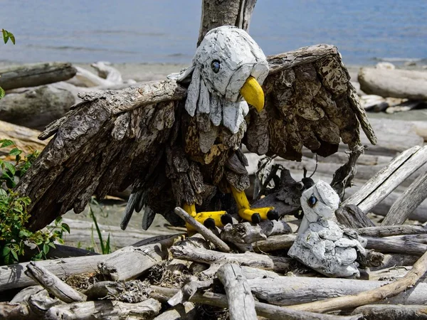 Victoria Kanada Maj 2021 Skulpturer Drivved Längs Stranden Esquimalt Lagun — Stockfoto