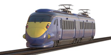 Demiryolundaki tren beyaz arka planda izole edilmiş.