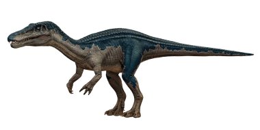 Mavi ve kahverengi renkli gerçekçi dinozor çizimi.