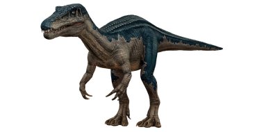 Mavi ve gri pullu gerçekçi bir dinozor modeli..