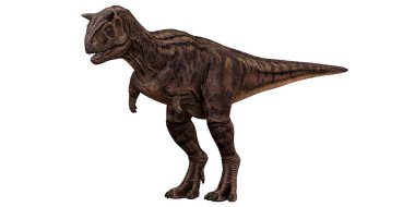 Beyaz arka planda gerçekçi bir dinozor modeli.