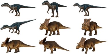 Dinozorların üç boyutlu canlandırması çeşitli pozlarda.