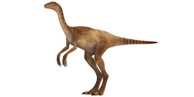 Beyaz arkaplanda iki ayaklı bir dinozorun 3 boyutlu canlandırması.