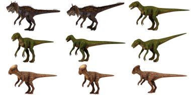 Dinamik pozlarda çeşitli dinozor modelleri