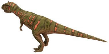 Yeşil ve turuncu desenli resimli dinozor.