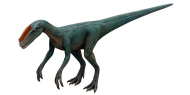 Hareket halindeki yeşil dinozorun gerçekçi modeli.