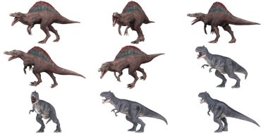 Dinamik pozlarda vahşi dinozorların tasviri.