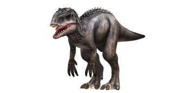 Dokulu pulları ve keskin dişleri olan vahşi bir dinozor..