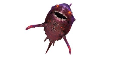 Beyaz arka planda parıldayan gözleri olan fantezi yaratığı..