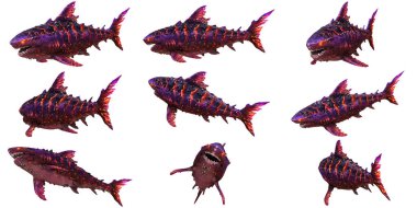 Canlı pulları olan fantezi köpekbalığı yaratıklar..