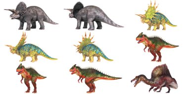 Çeşitli renkli dinozor modelleri sergileniyor