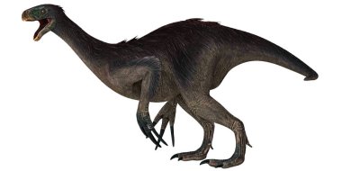 Beyaz arka planda tüylü dinozor Therizinosaurus