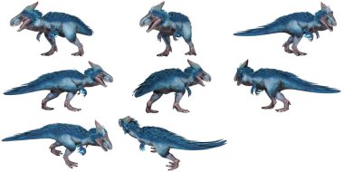 Mavi dinozor karakter canlandırma seti.