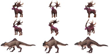 Beyaz arka plana karşı fantezi yaratıkları.