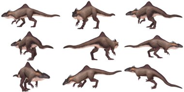 Çeşitli pozlarda tarih öncesi bir dinozorun tasviri