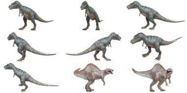 Farklı pozlarda dinozor modellerinin çeşitliliği