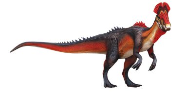 Çarpıcı kırmızı ve turuncu renkleri olan renkli dinozor.