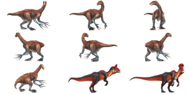 Dinamik pozlarda çeşitli 3D dinozor modelleri.