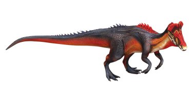 Ayrıntılı detaylara sahip renkli dinozor modeli.