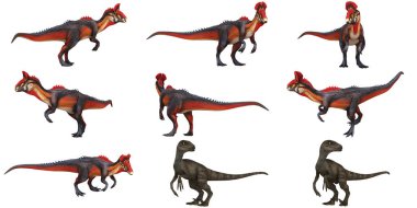 Beyaz arkaplanda renkli dinozor çizimleri