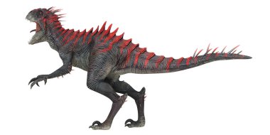 Beyaz arka planda kırmızı dikenli vahşi dinozor.