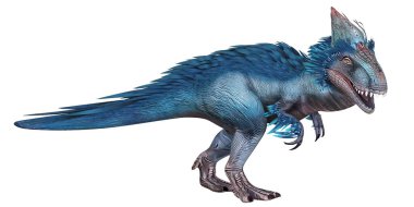 Mavi tüylü dinozor çarpıcı bir pozda.