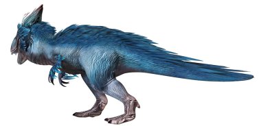 Beyaz arka planda tüylü bir dinozor tasviri.