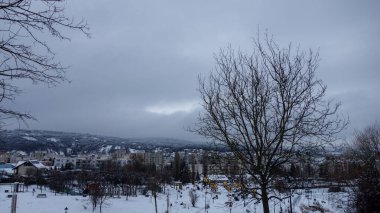 Bulutlu bir gökyüzü altında bir şehirle kış manzarası