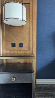 Modern otel sehpası, lamba ve koyu ahşap kaplama