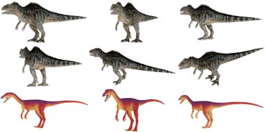 Çeşitli pozlarda dinozor modelleri koleksiyonu.