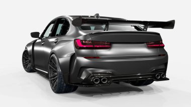 Aerodinamik özellikli parlak siyah spor sedan..