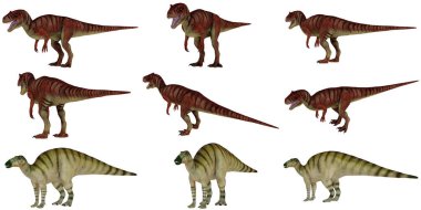 Çeşitli dinozorların farklı pozlardaki resimleri.