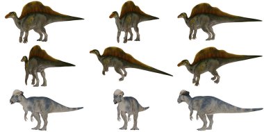 Çeşitli pozlarda dinozor modelleri koleksiyonu.