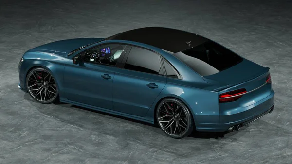 Modern tasarımı ve koyu renk detayları olan parlak mavi bir sedan..